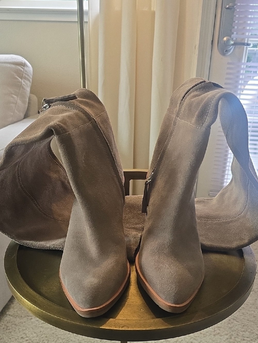 Pointed Toe Suede Ankle Booties in Taupe